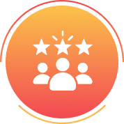 Three people with stars in orange circle.