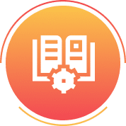 Open book and gear icon on gradient.