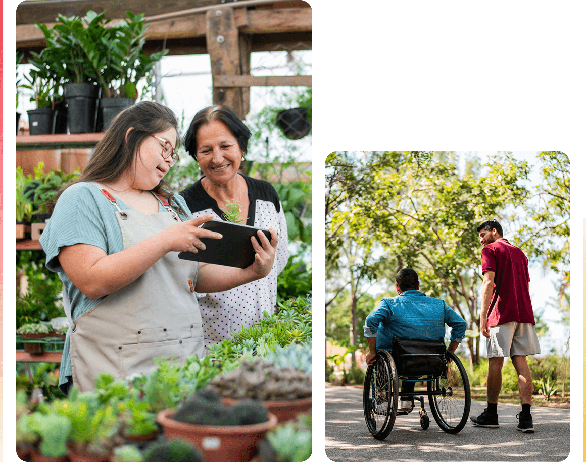 People in garden shop and outdoor park.